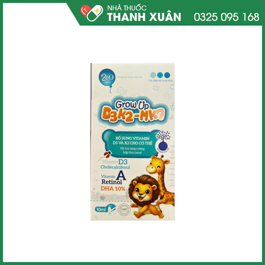 Growup D3K2-MK7 bổ sung vitamin D3 và K2 cho cơ thể hỗ trợ tăng cường hấp thu canxi và giảm nguy cơ còi xương, loãng xương